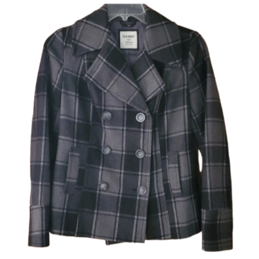 Old Navy Womans Plaid Grey Wool Blend Short Peacoat Size Medium